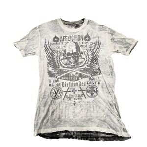 Vintage Y2K Affliction Men T Shirt Skull Crossbone Wing Graphic Black Reversible